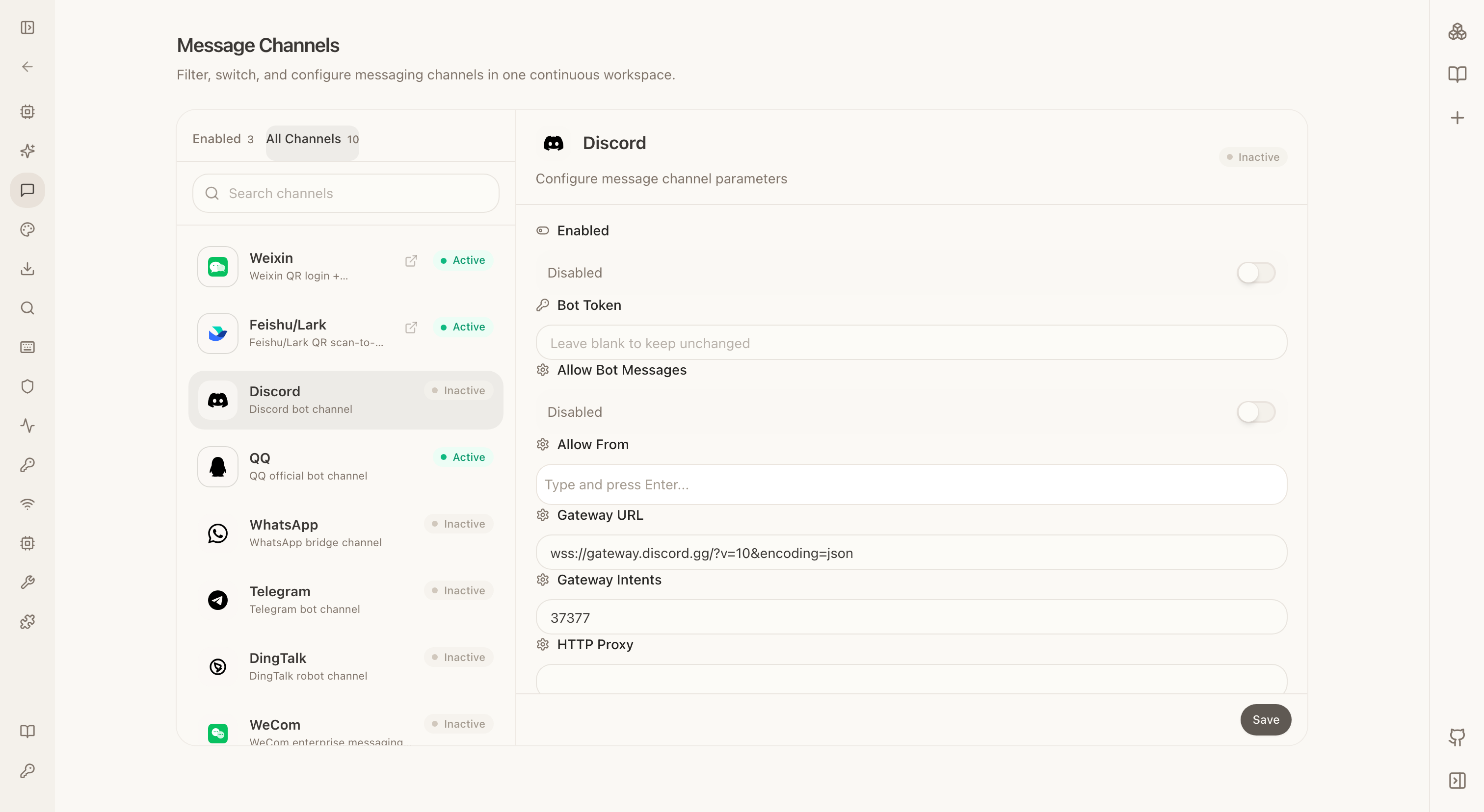 The NextClaw messaging channel configuration page