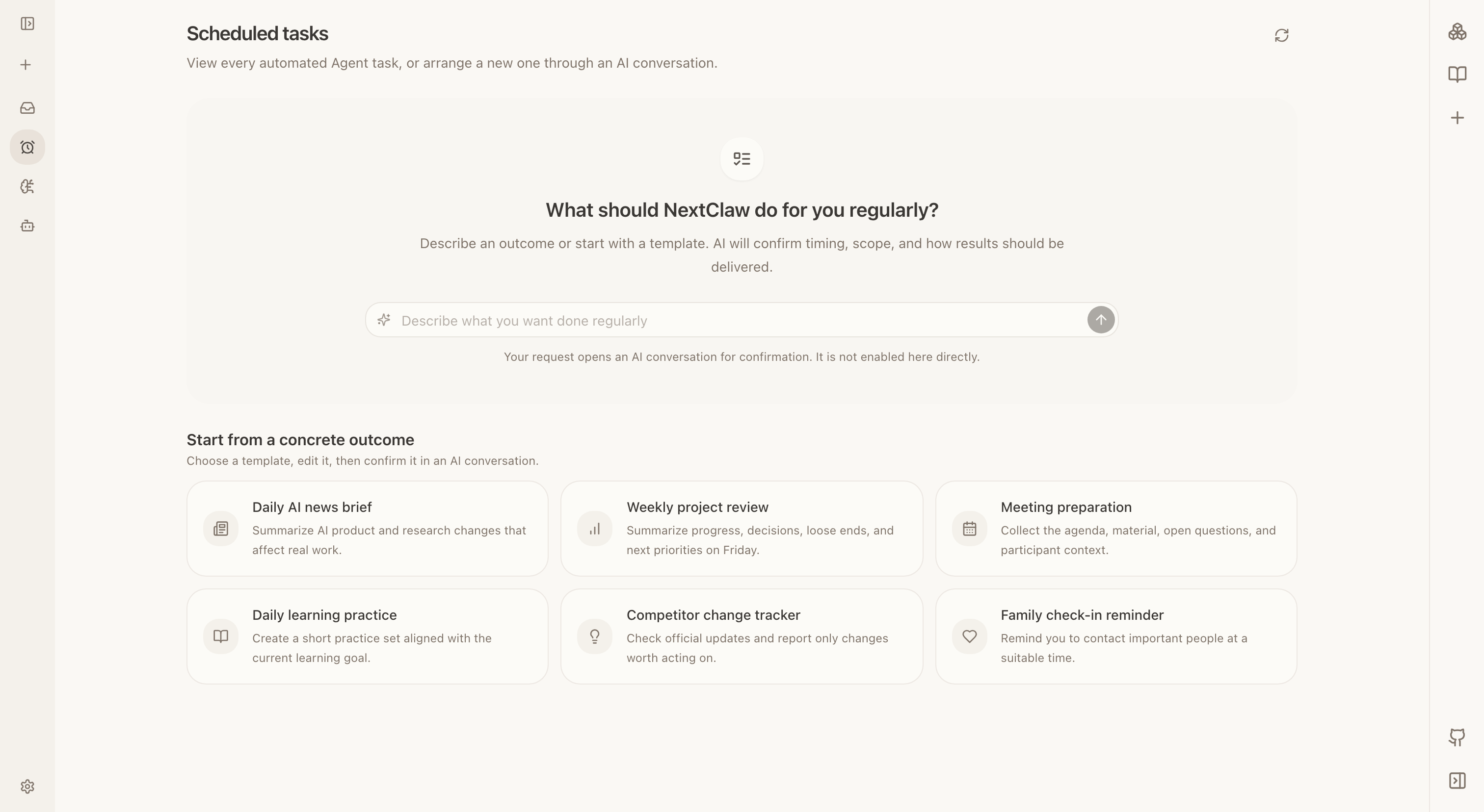 The NextClaw scheduled task management page