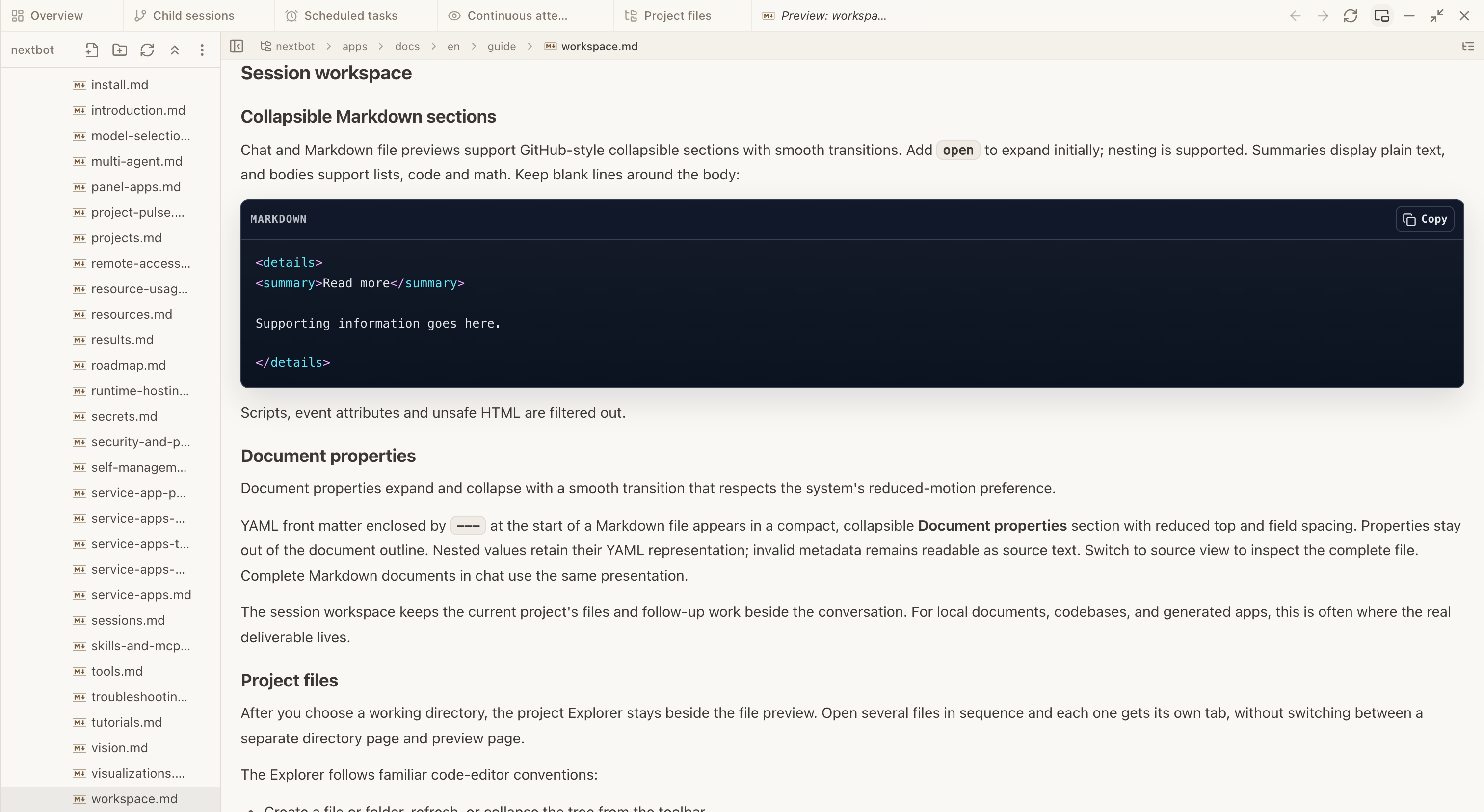 Project Explorer and Markdown preview open together